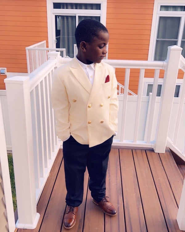 Ivory Jacket Black Pants Peak Lapel Boys Suits Costume Attire Fit Kid