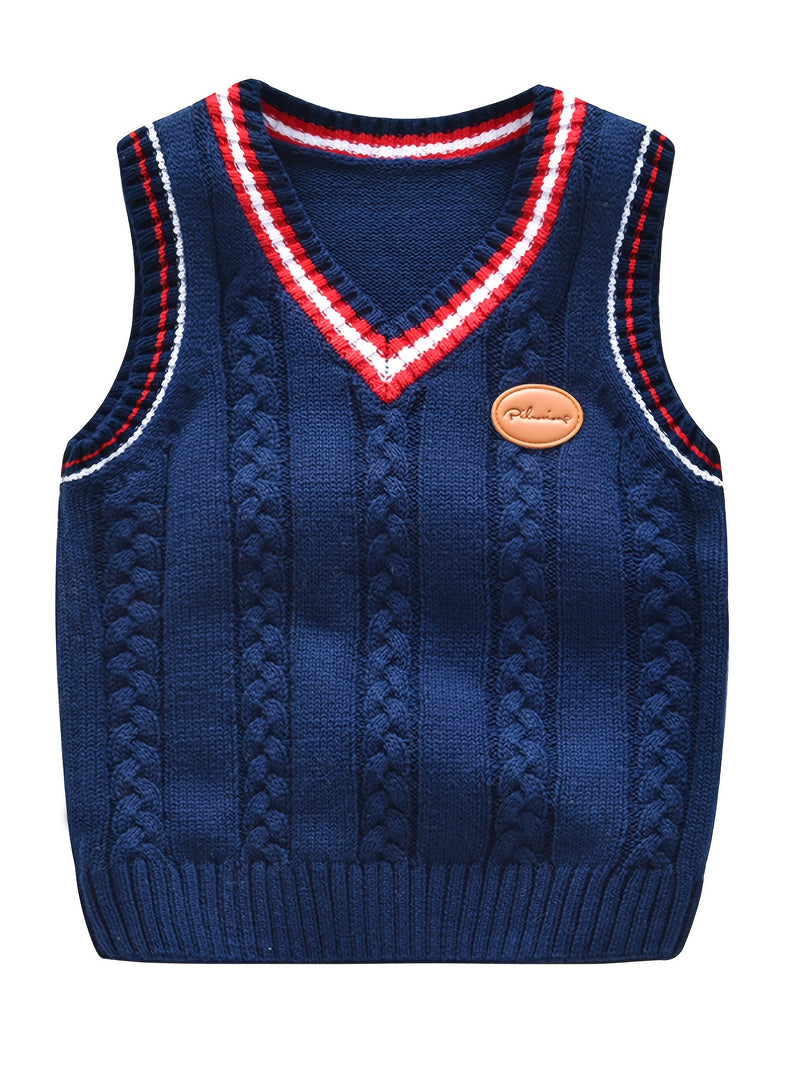 Boys V-Neck Cable Knit Vest College Style Sleeveless Pullover Sweater Top Kids Clothes
