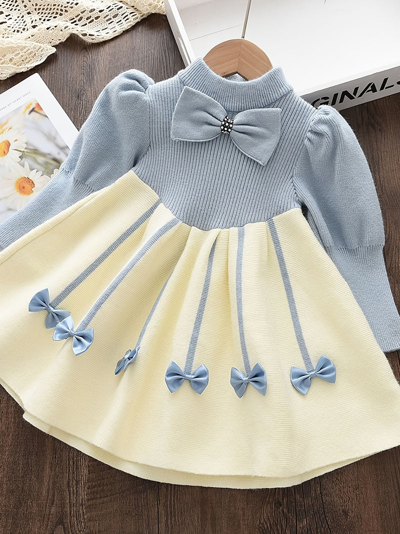 Girl's Bowknot Decor Elegant Dress, Knitted Puff Sleeve Dress, Kid's Clothes For Spring Fall