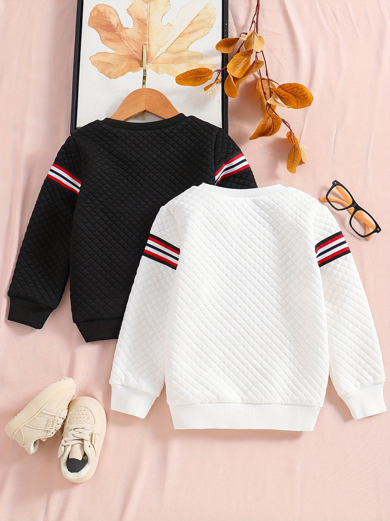 2pcs Boys Casual Striped Creative Textured Pullover Sweatshirt, Long Sleeve Crew Neck Tops, Kids Clothes Outdoor