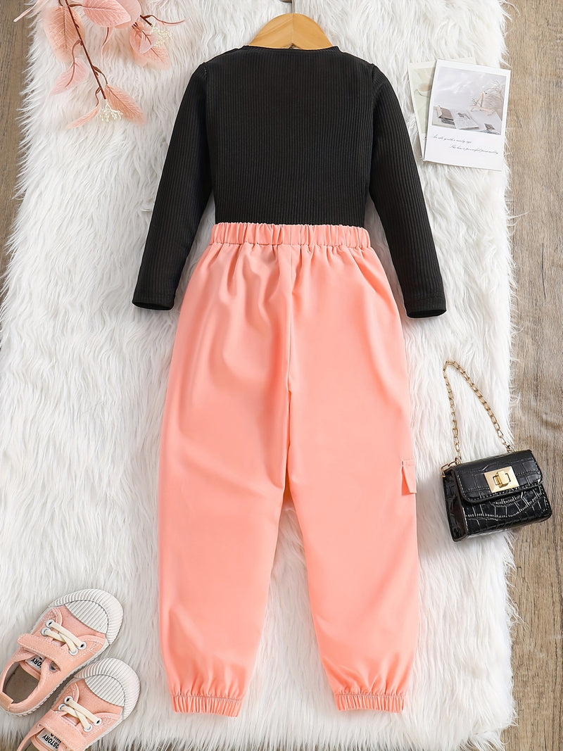 2pcs Girl's Cargo Pants Outfit, Ribbed Long Sleeve Top & Trendy Cargo Pants Set, Toddler Kid's Clothes For Spring Fall