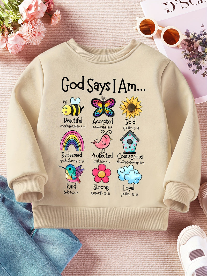 ''God Says I Am..'' Insects Graphic Round Neck Pullovers For Girls Comfort Fit Kid Sweatshirt Tops, Spring/ Fall