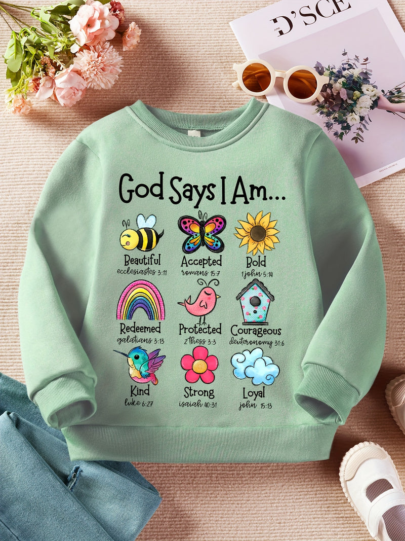 ''God Says I Am..'' Insects Graphic Round Neck Pullovers For Girls Comfort Fit Kid Sweatshirt Tops, Spring/ Fall