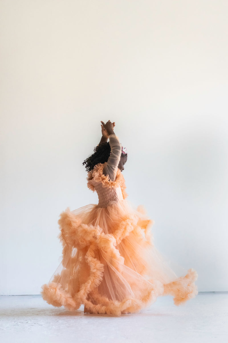 Peach Mother And Daughter Tulle Dress Gown Off Shoulder Side Split Long Sleeves  Mom And Me Birthday Gowns For Photo Shoot Custom Made