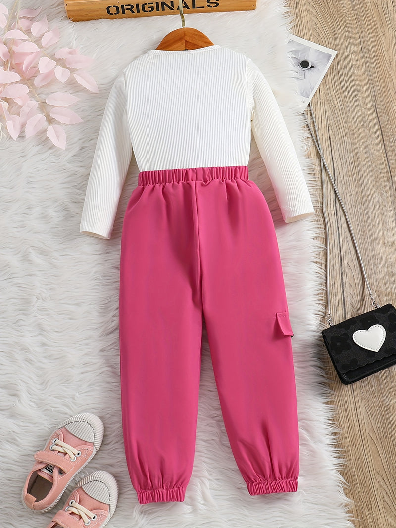 2pcs Girl's Cargo Pants Outfit, Ribbed Long Sleeve Top & Trendy Cargo Pants Set, Toddler Kid's Clothes For Spring Fall