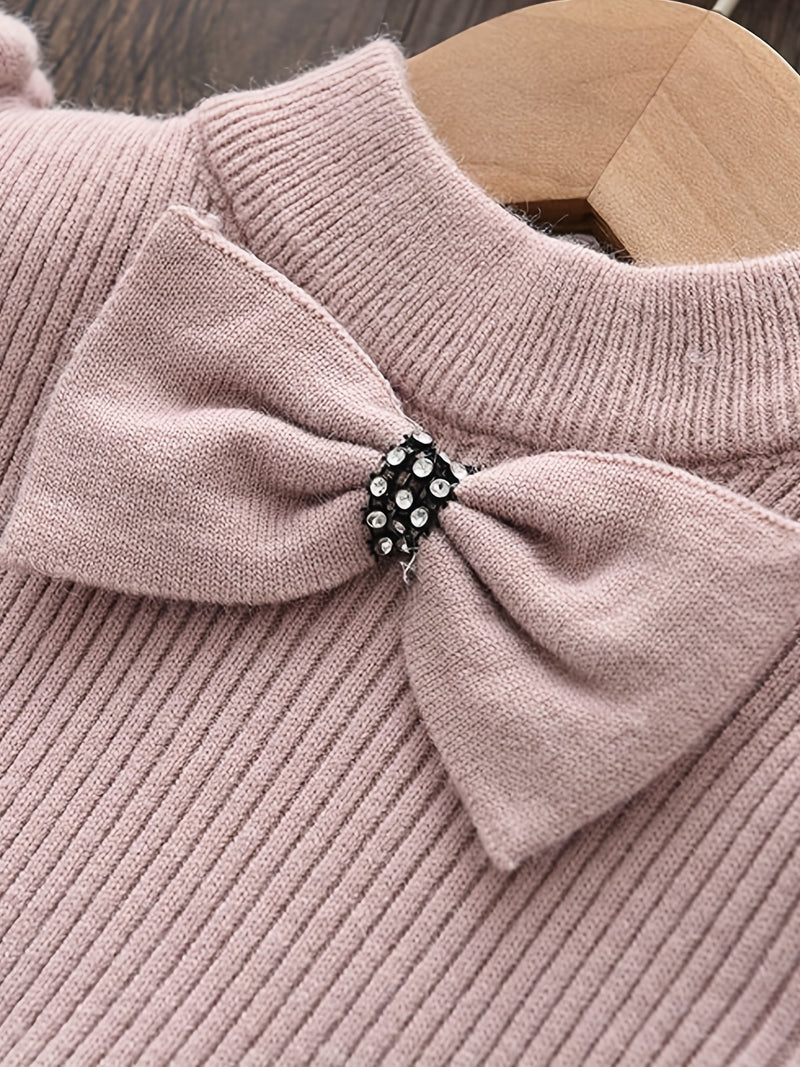 Girl's Bowknot Decor Elegant Dress, Knitted Puff Sleeve Dress, Kid's Clothes For Spring Fall