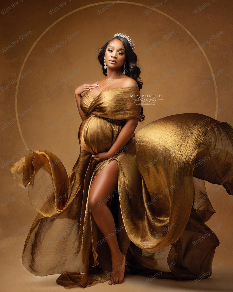 Gold V Neck Chiffon Maternity Dress Gown