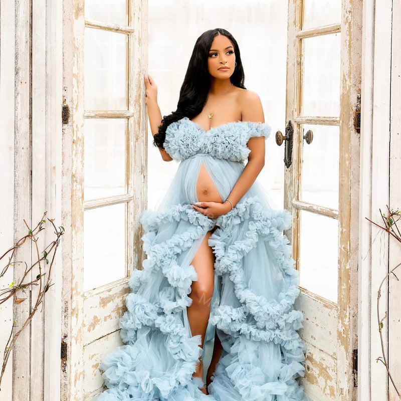 Dusty Blue Tulle Pregnant Women Photo Shoot Robes Ruffles Puffy Tulle Maternity Robe