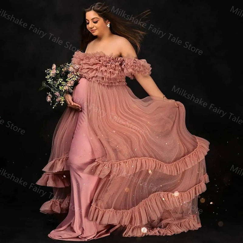 Charming Off The Shoulder Maternity Dresses Ruffles Pregnant Women Gown for Photoshoot