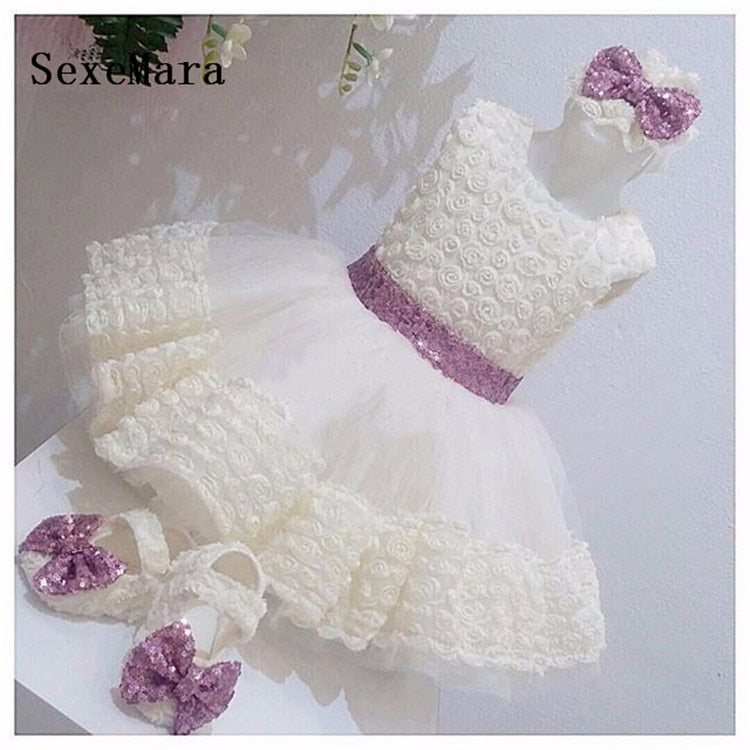 Lace 3D Flowers Baby Girl Dress  With Sequined Bow