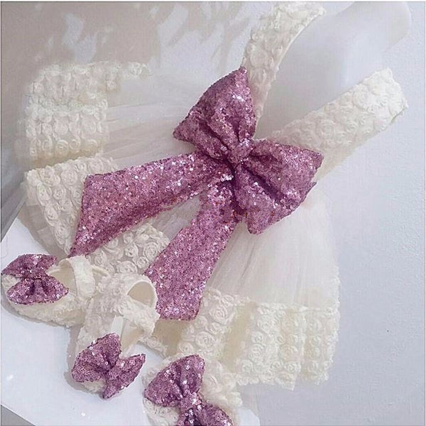 Lace 3D Flowers Baby Girl Dress  With Sequined Bow