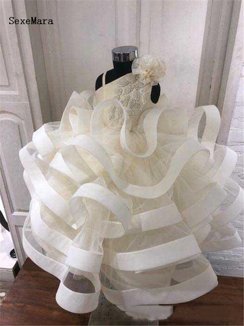 Cute Ball Gown Baby Girls Organza Ruffle One Shoulder Beaded Birthday Dress