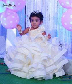 Cute Ball Gown Baby Girls Organza Ruffle One Shoulder Beaded Birthday Dress