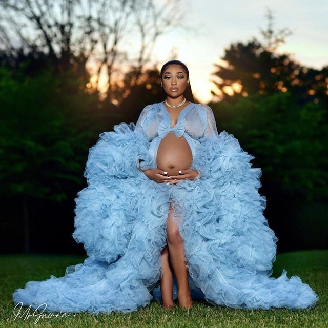 Sky Blue Fluffy Tulle Maternity  Dress Robes Custom Made Photo Shoot