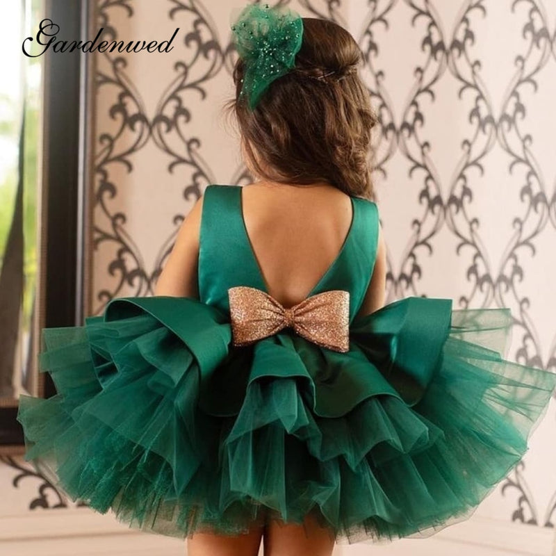 Peacock Ruffle Layers Flower Girl Dress Sequin Bow Backless Glitter Knot