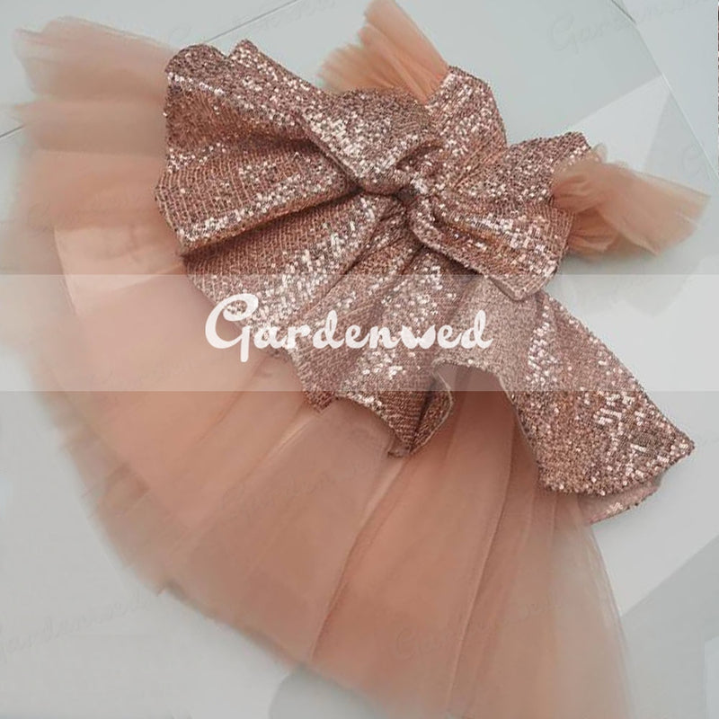 Kids Glitter Sequin Celebrity Dresses Girl Bow Tiered Tulle Birthday Dress
