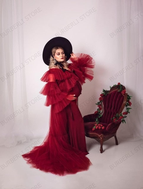 Burgundy Birdal Tulle Robes Custom Made Any Color Maternity Dress Tulle Gowns
