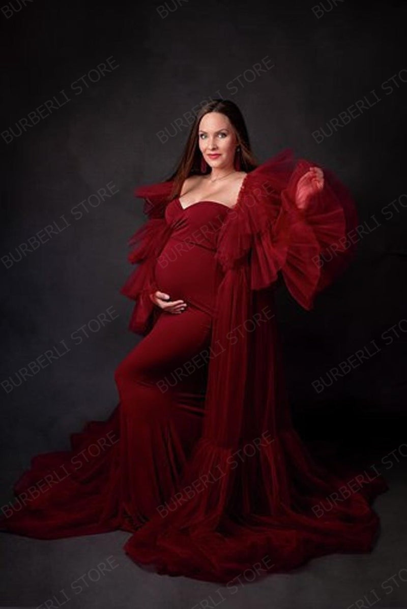 Burgundy Birdal Tulle Robes Custom Made Any Color Maternity Dress Tulle Gowns