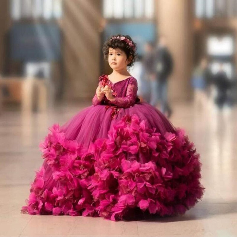 Chic / Beautiful Burgundy Suede Winter Flower Girl Dresses 2020 Ball Gown  See-through High Neck 3/4 Sleeve Beading Sequins Tulle Floor-Length / Long  Ruffle