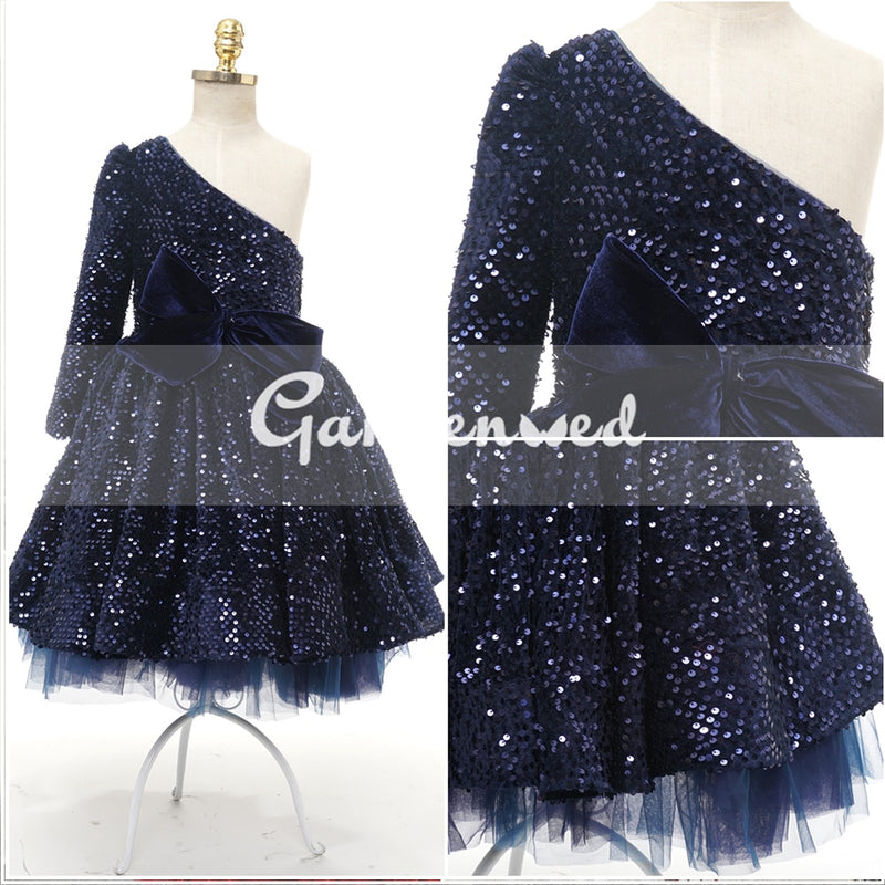 Kids Glitter Party Dresses Puffy One Shoulder