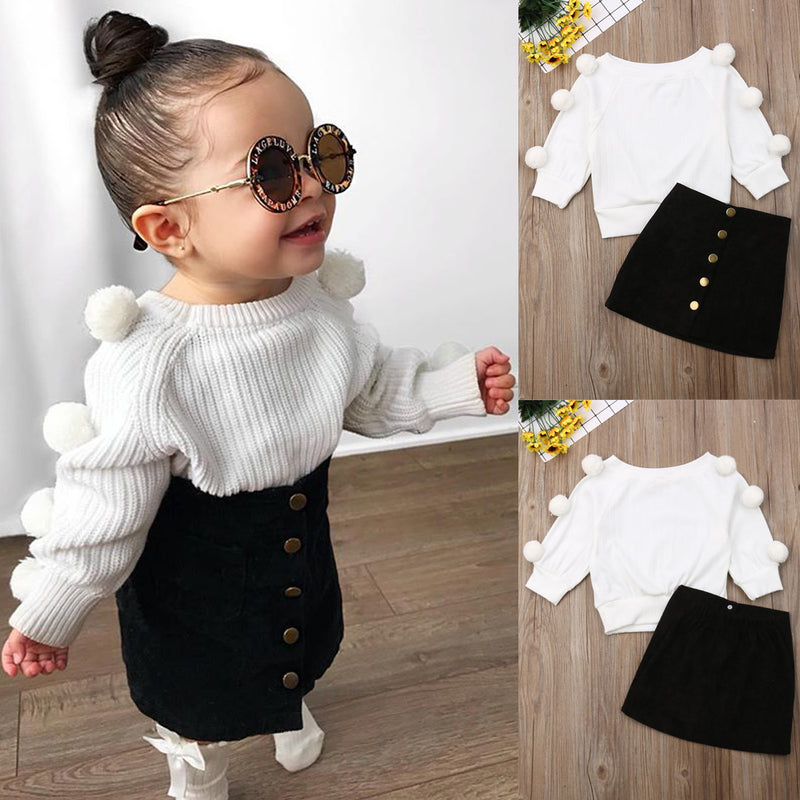 Toddler Baby Girls Clothes Hairball Knit Tops+Button Mini Skirt Warm Outfits Sets
