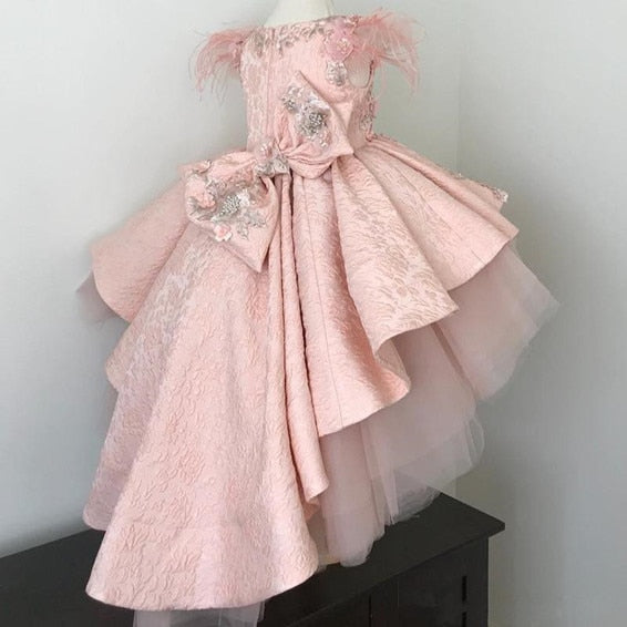 Beautiful High Low Pink Flower Girls  Fur Lace Communion Birthday Dresses