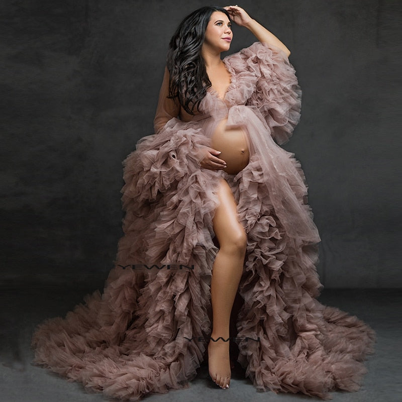 Maternity Dress Pregnant Long Sleeve Champagne Dress for Photoshoot or Babyshower