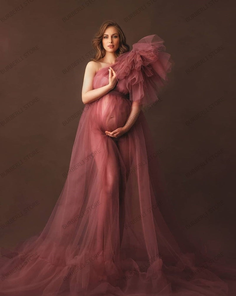 Elegant One Shoulder Tulle Maternity Dresses See Through Sexy