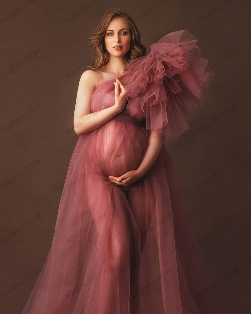 Elegant One Shoulder Tulle Maternity Dresses See Through Sexy