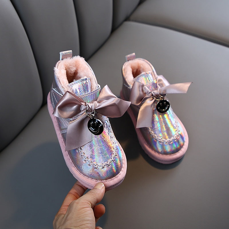 Kids Felt Warm Princess Laser Leather Plush Bow Boots shoes