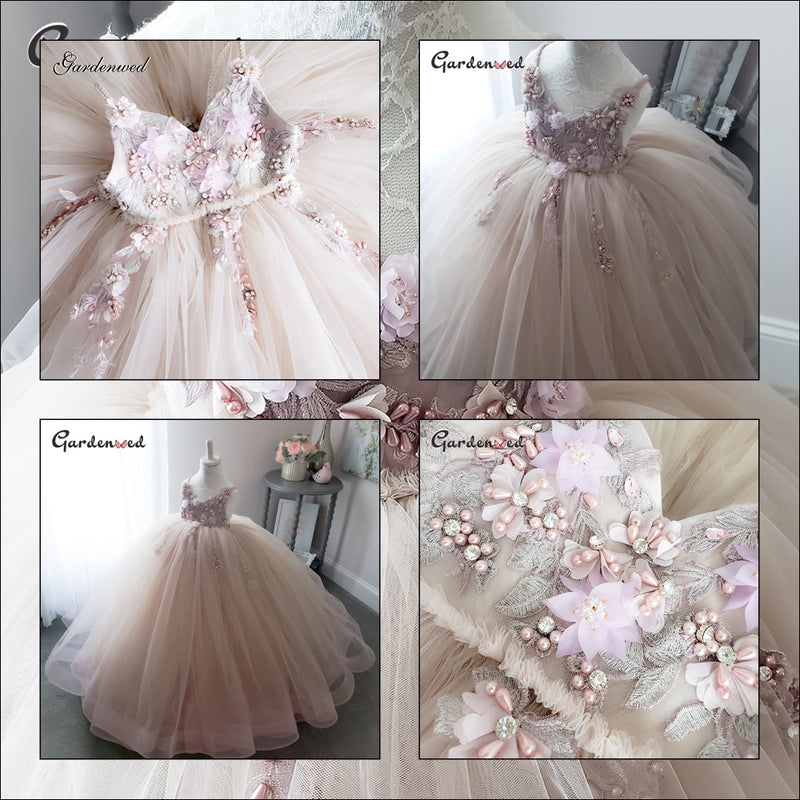Puffy A-line Flower Girl Dresses Lace Beading Communion Dress Tulle Sashes