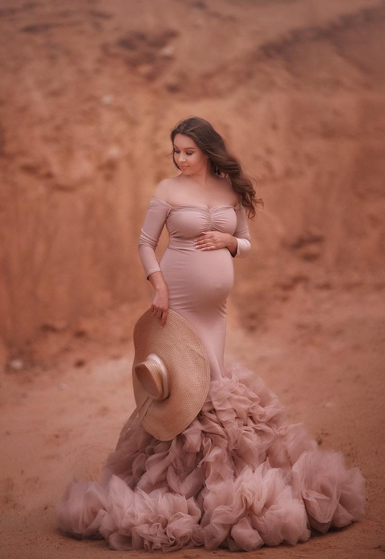 Mermaid Maternity Dresses Long Sleeves With Tulle Ruffles