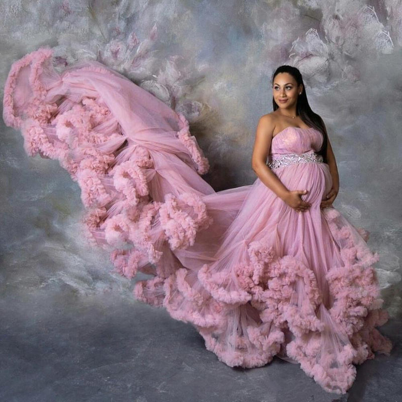 Strapless Maternity Dresses for Photo Shoot Tiered Ruffle Tulle Pregnant Women Prom Gowns