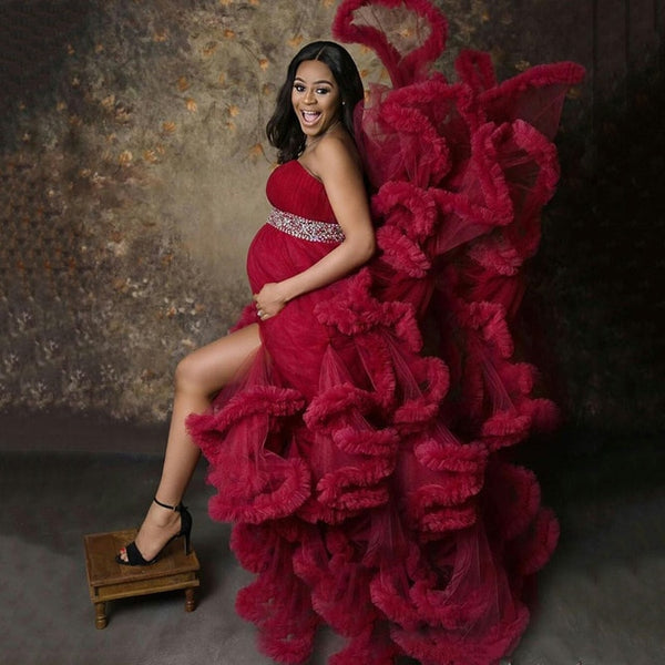 Strapless Maternity Dresses for Photo Shoot Tiered Ruffle Tulle Pregnant Women Prom Gowns