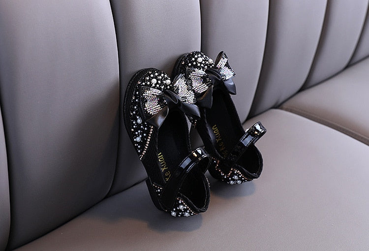 Girls Leather Shoes Rhinestone Bow Princess Girls Party Dance Shoes