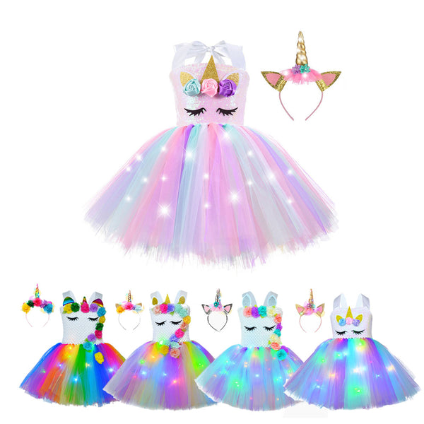 Girl Unicorn Dresses for Girls Tutu Princess Party Dresses with LED Lights