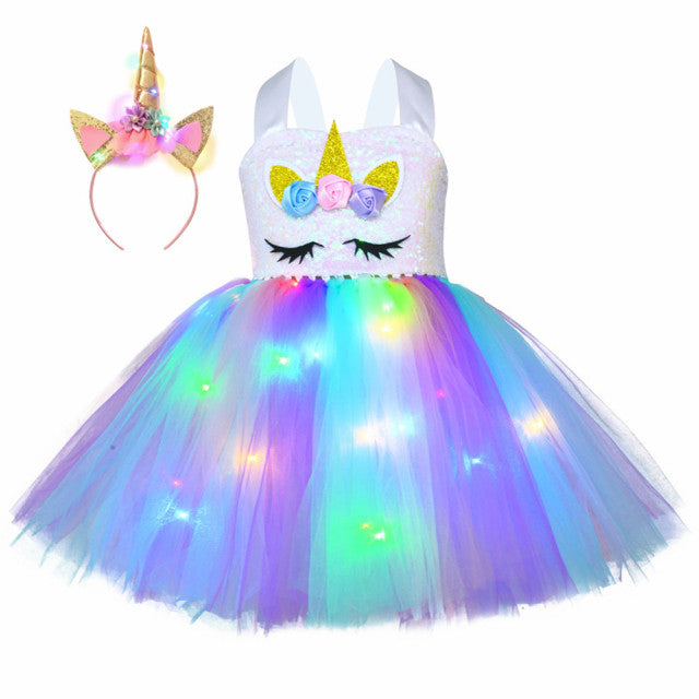 Girl Unicorn Dresses for Girls Tutu Princess Party Dresses with LED Lights