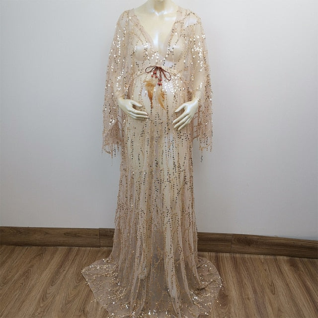 Golden Sequin Tassels Maternity Sequence Dress for Photo Shoot
