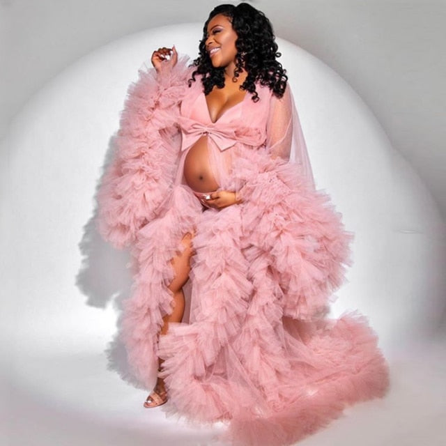 Fashion Ruffled Tulle Robe Pregnant Women Dress See Through Maternity Dress for Photo Shoot