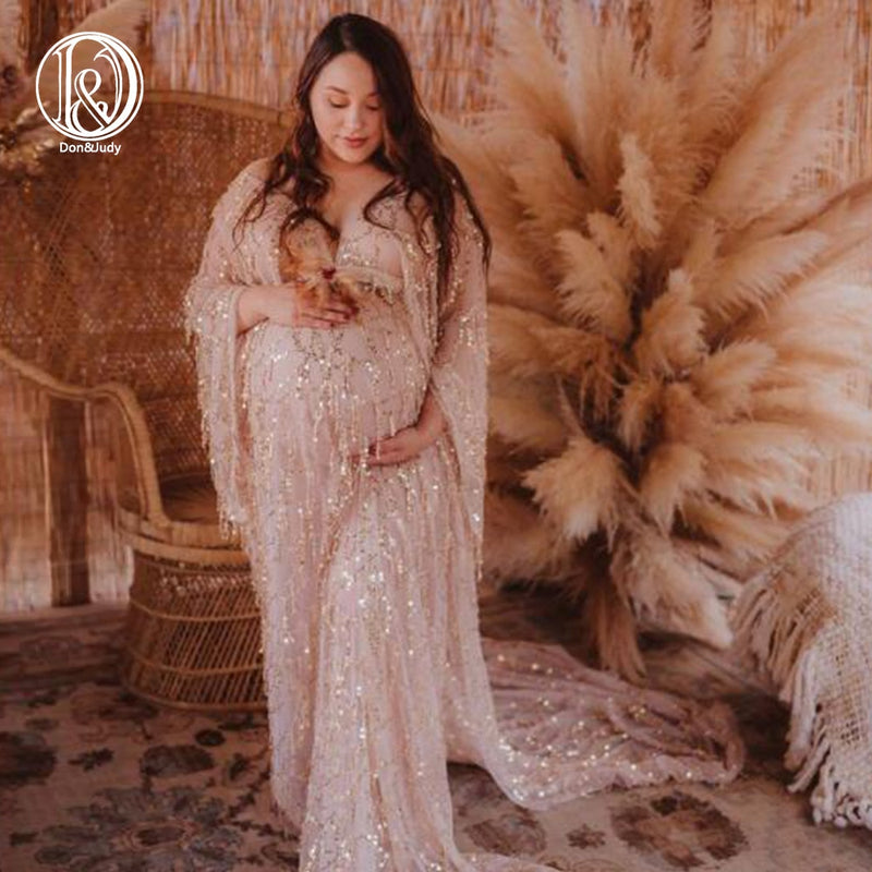 Golden Sequin Tassels Maternity Sequence Dress for Photo Shoot