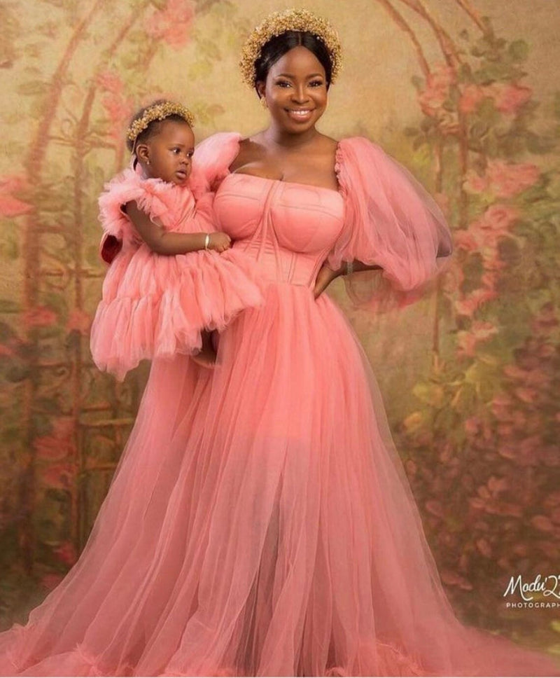 Mother And Kids Tulle Dresses Long Sleeves A Line Extra Puffy Tulle Mom And Me Tutu Dress