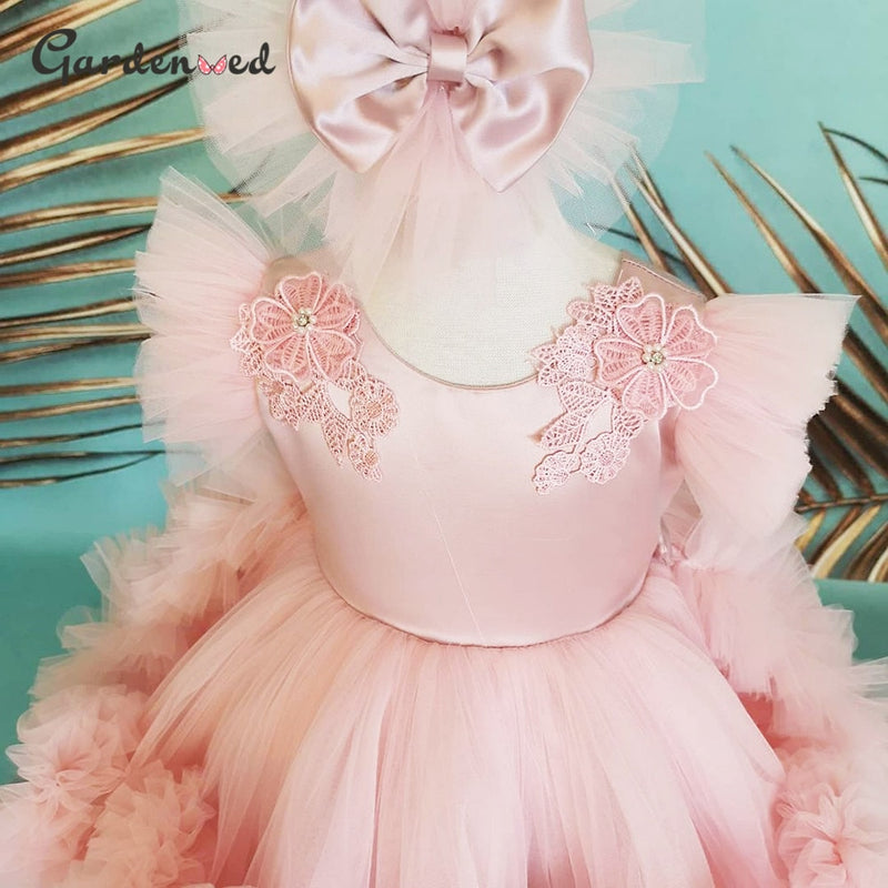 Glitter Pink Flower Girl Princess Dress First Communion Gown Birthday dress