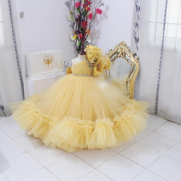 Ruffles One Shoulder Flowers Pink Baby Party Children Crystals Dress