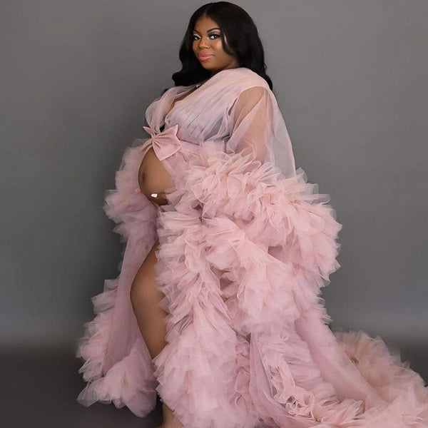 Plus Size Dusty Pink Tulle Maternity Robe Pregnancy Dress