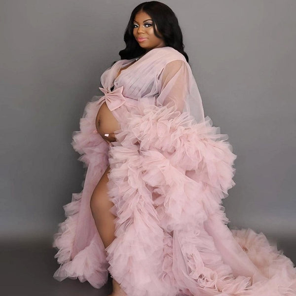 Plus Size Dusty Pink Tulle Maternity Robe Pregnancy Dress