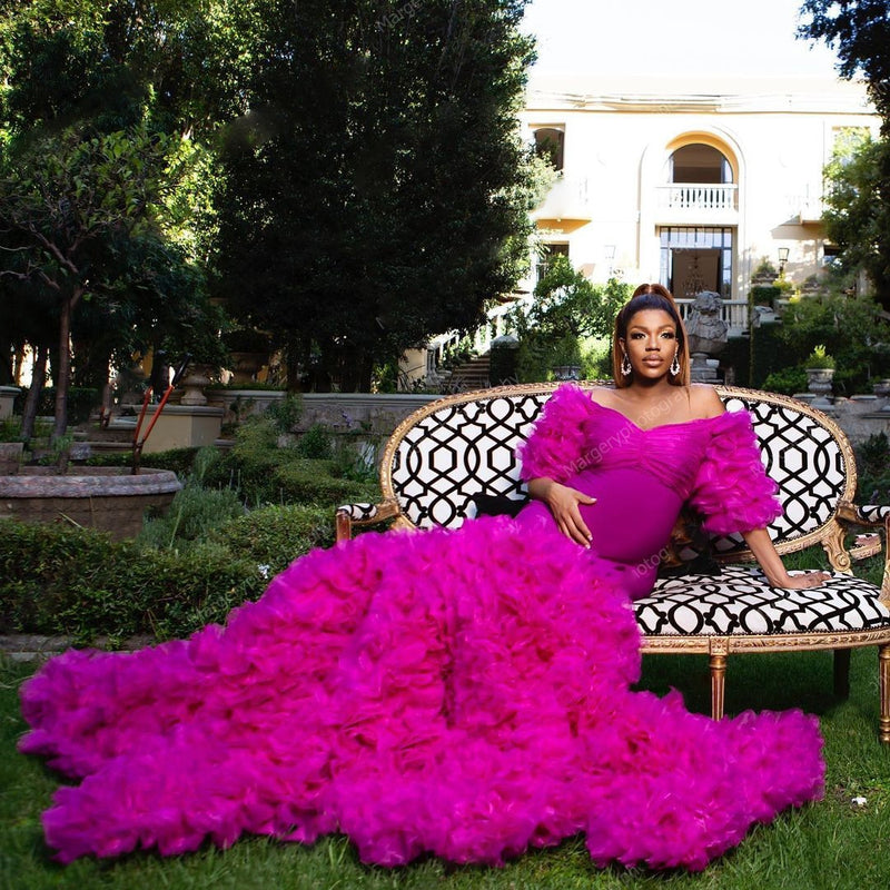 Fluffy Off the Shoulder Fuchsia Maternity Dresses for Photo Shoot