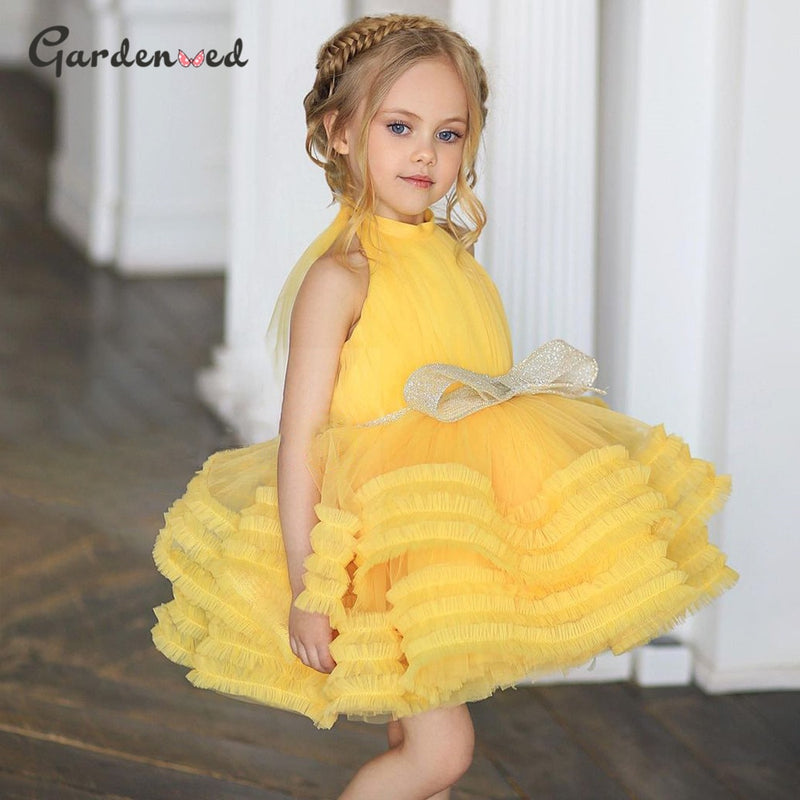 Yellow Baby Girl Dress Bow Puffy Dresses For Girls High Collar Bow Communion Dress