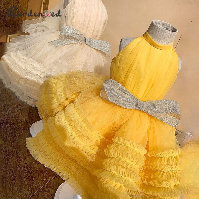 Yellow Baby Girl Dress Bow Puffy Dresses For Girls High Collar Bow Communion Dress