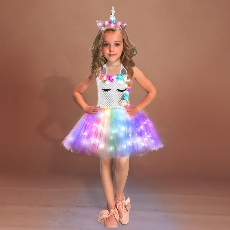 Rainbow Unicorn Dress Girls Led Light Flower Birthday Party Tutu Outfits