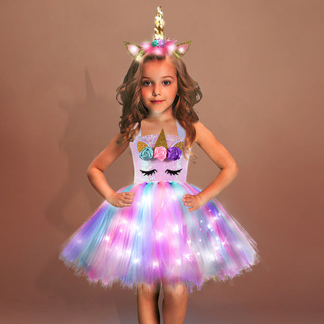 Rainbow Unicorn Dress Girls Led Light Flower Birthday Party Tutu Outfits